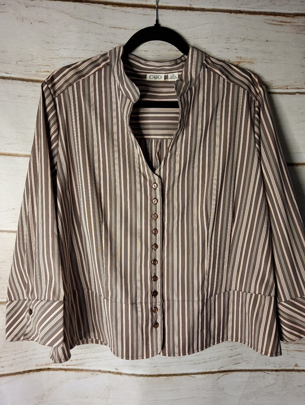 Cato Striped Button-Front Mandarin Collar Blouse in Taupe, Blush Pink, and Cream